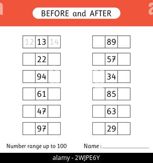 Inserire i numeri mancanti. Prima e dopo. Intervallo di numeri fino a 100. Matematico. Foglio di lavoro per bambini. Scuola. Illustrazione vettoriale Illustrazione Vettoriale