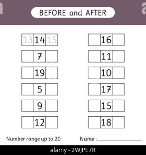 Inserire i numeri mancanti. Prima e dopo. Intervallo numerico fino a 20. Matematica. Fogli di lavoro per bambini. Illustrazione vettoriale Illustrazione Vettoriale