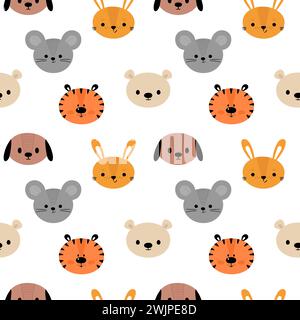 Fantasia infantile senza cuciture con simpatici animali sorridenti. Texture creative per il bambino per tessuti, asili, tessuti, vestiti. Sfondo bianco. Illustrazione vettoriale Illustrazione Vettoriale