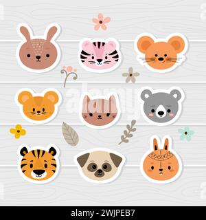 Set di adesivi per cartoni animati con animali per bambini. Simpatici personaggi disegnati a mano. Dolci facce da bambino. Illustrazione vettoriale Illustrazione Vettoriale