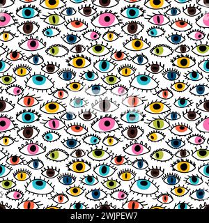 Motivo senza cuciture con occhi colorati disegnati a mano. Stile alla moda. Sfondo elegante. Occhio malvagio, magia, stregoneria. Illustrazione vettoriale Illustrazione Vettoriale