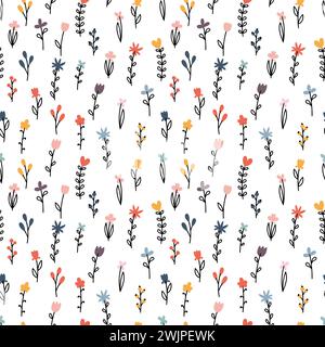 Grazioso motivo floreale senza cuciture. Sfondo con fiori. Elementi botanici disegnati a mano. Stampa scandinava alla moda. Illustrazione vettoriale Illustrazione Vettoriale
