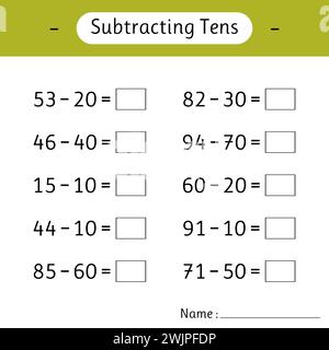 Sottraendo decine. Matematica. Fogli di lavoro matematici per bambini. Istruzione scolastica. Sviluppo del pensiero logico. Illustrazione vettoriale Illustrazione Vettoriale