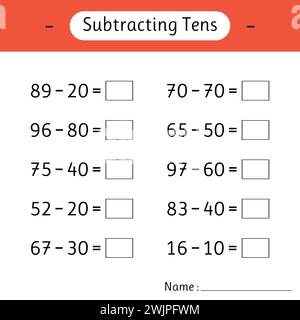 Sottraendo decine. Matematica. Fogli di lavoro matematici per bambini. Sviluppo del pensiero logico. Istruzione scolastica. Illustrazione vettoriale Illustrazione Vettoriale