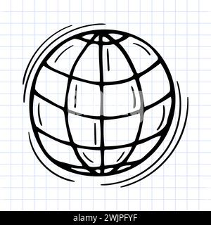 Globo disegnato a mano, icona del modello terrestre su sfondo a scacchi. Forniture per ufficio scarabocchiate. Illustrazione vettoriale Illustrazione Vettoriale