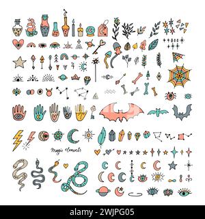 Elementi mistici disegnati a mano. Halloween. Magia, stregoneria, icone esoteriche. Stile doodle. Illustrazione vettoriale Illustrazione Vettoriale