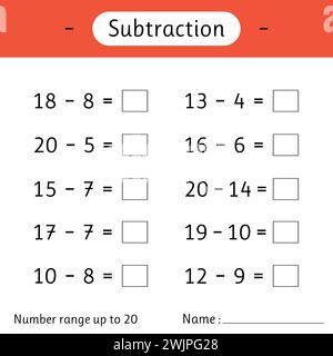 Sottrazione. Intervallo numerico fino a 20. Foglio di lavoro matematico per bambini. Sviluppo di competenze di calcolo. Risolvere esempi e scrivere. Matematica. Illustrazione vettoriale Illustrazione Vettoriale