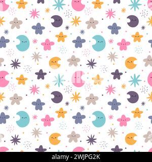 Grazioso motivo senza cuciture con elementi disegnati a mano. Stile scandinavo. Kawaii. Luna, stelle. Illustrazione vettoriale Illustrazione Vettoriale