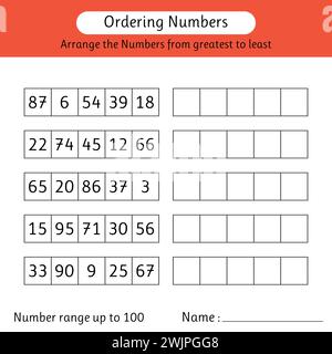 Foglio di lavoro numeri d'ordine. Disporre i numeri dal massimo al minimo. Intervallo di numeri fino a 100. Matematica. Illustrazione vettoriale Illustrazione Vettoriale