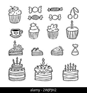 Torte di compleanno disegnate a mano, cupcake, caramelle, ciliegie. Torta nuziale. Pasticceria Doodle. Illustrazione vettoriale Illustrazione Vettoriale