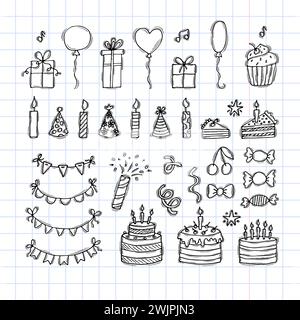 Elementi per il compleanno disegnati a mano. Collezione per le vacanze. Set di elementi di design per feste. Decorazione Doodle. Illustrazione vettoriale Illustrazione Vettoriale