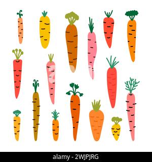 Set di diverse carote disegnate a mano. Verdure a cartoni animati. Cibo sano. Illustrazione vettoriale Illustrazione Vettoriale