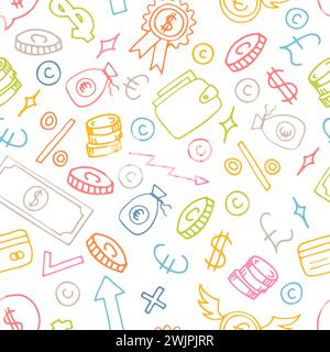 Disegno a mano di un modello senza cuciture con elementi aziendali e finanziari. Investimento. Doodle, stile di schizzo. Background di denaro. Illustrazione vettoriale Illustrazione Vettoriale