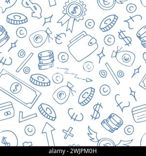 Disegno a mano di un modello senza cuciture con elementi aziendali e finanziari. Investimento. Doodle, stile di schizzo. Background di denaro. Illustrazione vettoriale Illustrazione Vettoriale