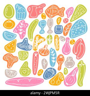 Set disegnato a mano di cibi e bevande diversi. Stile doodle. Ingredienti alimentari sani. Illustrazione vettoriale Illustrazione Vettoriale