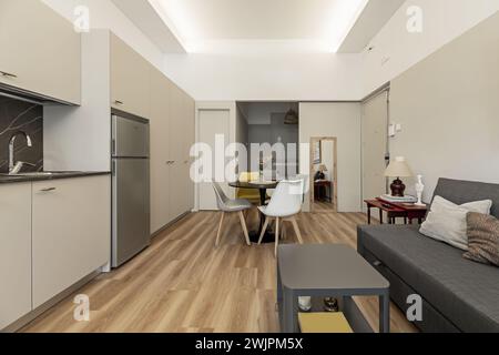 Piccola casa in stile loft con divano con chaise longue rivestita in tessuto grigio scuro, sala da pranzo circolare, cucina e mobili personalizzati che coprono uno dei due Foto Stock