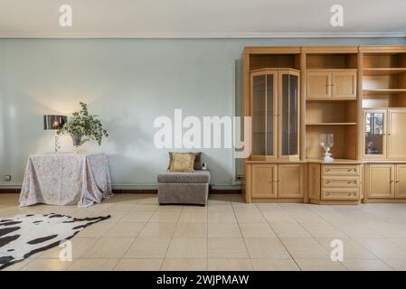 Immagine frontale di un soggiorno con una libreria in legno chiaro e una poltrona quadrata grigia Foto Stock