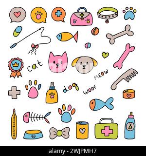 Icone vetri disegnate a mano. Negozio o negozio di animali domestici. Prendersi cura di animali, cani e gatti. Accessori per animali domestici. Illustrazione vettoriale Illustrazione Vettoriale