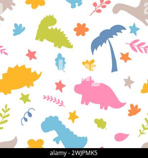 Simpatico disegno a mano senza cuciture con dinosauri e piante tropicali. Collezione Dino per bambini. Personaggi divertenti. Illustrazione vettoriale Illustrazione Vettoriale