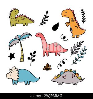 Simpatici dinosauri disegnati a mano e piante tropicali. Collezione Dino per bambini. Set di personaggi divertenti. Illustrazione vettoriale Illustrazione Vettoriale