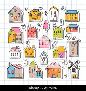 Set di case colorate disegnate a mano. Collezione di edifici disegnati. Stile doodle. Adesivi carini. Illustrazione vettoriale Illustrazione Vettoriale