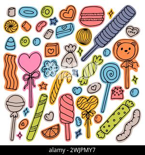 Set di dolci e caramelle disegnati a mano. Dessert, cioccolato, macaron, marshmallow. Stile doodle. Cibo dolce. Illustrazione vettoriale Illustrazione Vettoriale