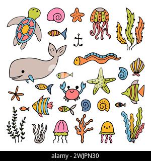 Set di animali marini disegnati a mano. Vita oceanica. Sott'acqua, sott'acqua, marina. Illustrazione vettoriale Illustrazione Vettoriale