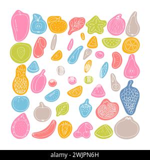 Grande set di icone di frutta e frutti di bosco. Raccolta di frutta estiva. Schizzo, stile doodle. Illustrazione vettoriale Illustrazione Vettoriale
