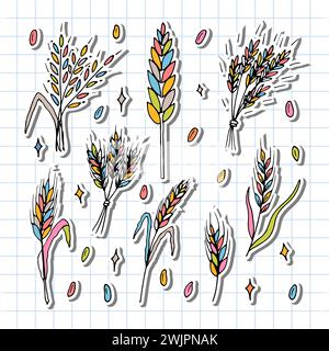 Set di orecchie di grano trafilate a mano. Spikelets per cereali. Doodle, sketch. Elementi di design per prodotti da forno. Illustrazione vettoriale Illustrazione Vettoriale