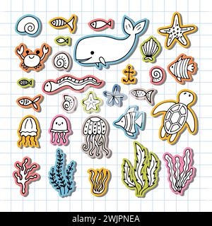 Set di animali marini disegnati a mano. Vita oceanica. Sott'acqua, sott'acqua, marina. Illustrazione vettoriale Illustrazione Vettoriale