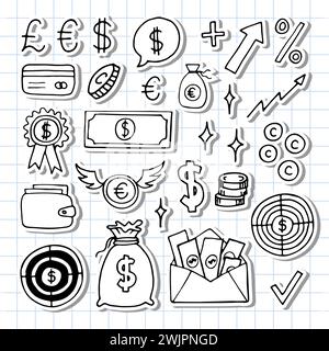 Icone aziendali disegnate a mano. Finanza, soldi, investimenti, strategia. Doodle, progettazione di schizzi. Illustrazione vettoriale Illustrazione Vettoriale