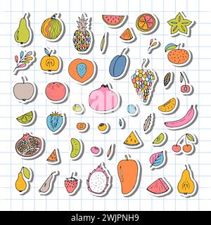 Grande set di icone di frutta e frutti di bosco. Raccolta di frutta estiva. Schizzo, stile doodle. Illustrazione vettoriale Illustrazione Vettoriale