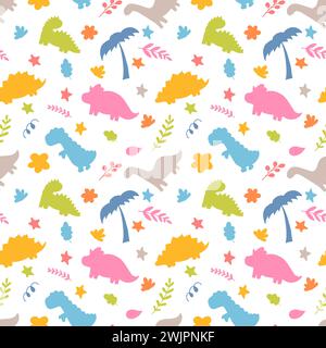 Simpatico disegno a mano senza cuciture con dinosauri e piante tropicali. Collezione Dino per bambini. Personaggi divertenti. Illustrazione vettoriale Illustrazione Vettoriale