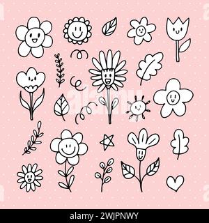 Graziosi fiori felici disegnati a mano. Doodle. Facce strane. Elementi di design floreale. Profilo. Illustrazione vettoriale Illustrazione Vettoriale