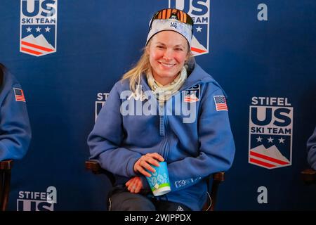 Minneapolis, Minnesota, Stati Uniti. 16 febbraio 2024. JESSIE DIGGINS, degli Stati Uniti, partecipa a una conferenza stampa il giorno 1 della Coppa del mondo di cross-country 2024 COOP FIS. (Immagine di credito: © Steven Garcia/ZUMA Press Wire) SOLO PER USO EDITORIALE! Non per USO commerciale! Foto Stock