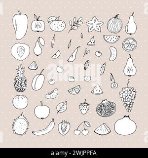 Grande set di icone di frutta e frutti di bosco. Raccolta di frutta estiva. Schizzo, stile doodle. Illustrazione vettoriale Illustrazione Vettoriale