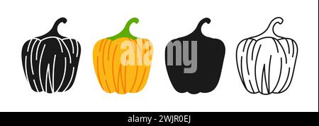 Icona lineare del peperone dolce, set di simboli dei cartoni animati. Forma a forma di peperoncino o verdura a forma di spiedino. Elemento di design semplice con icona dei peperoni. Simbolo per infografica, vettore logo app sito Web Illustrazione Vettoriale