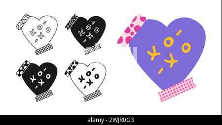 Simbolo del cartone animato con adesivo di San Valentino e set stilizzato con spaghetti e francobolli. Biglietto d'auguri di San Valentino con design KISS xo-xo Love. Romantico semplice cartello per invito, banner per etichette, vettore per tatuaggi Illustrazione Vettoriale