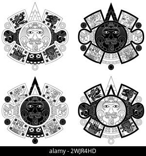 Disegno vettoriale del calendario azteco, disco monolitico dell'antica Mexica, pietra solare della civiltà azteca Illustrazione Vettoriale