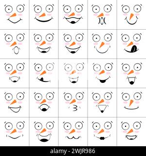 Set di facce di pupazzi di neve con sorrisi, risate e naso con carote. Raccolta di emoticon ed emoji. Illustrazioni vettoriali isolate, icone. Illustrazione Vettoriale