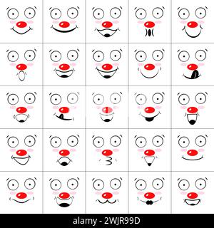 Set di facce di clown con sorrisi, risate e naso rosso. Raccolta di emoticon ed emoji. Contorno, illustrazioni vettoriali isolate, icone. Illustrazione Vettoriale