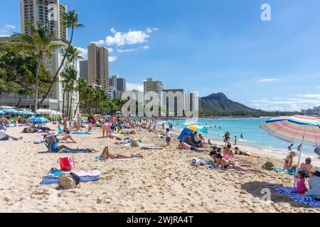 Waikiki Beach, Waikiki, Honolulu, Oahu, Hawaii, Stati Uniti d'America Foto Stock