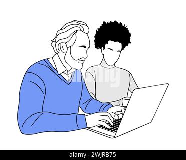 Insegnante senior che lavora con un giovane collega. Illustrazione Vettoriale