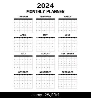 Modello di calendario mensile per 2024 anni. Calendario da parete in stile minimalista. La settimana inizia lunedì. Pianificatore per 2024 anni. Calendario semplice 2024. Illustrazione Vettoriale