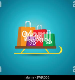 Una slitta con borse della spesa e simboli di vendita su di loro, concetto di vendita dopo Natale Illustrazione Vettoriale