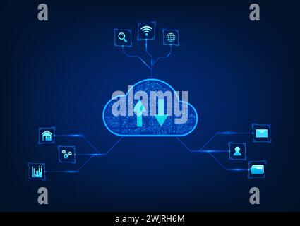 Background tecnologico cloud che funge da archiviazione e condivisione di informazioni tramite la rete Internet che può essere utilizzata in tutto il mondo e che ha una sicurezza Illustrazione Vettoriale