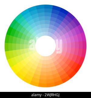 Ruota dei colori isolata su bianco. Guida della tavolozza dei colori. Ruota arcobaleno. Vettore della ruota dei colori. Immagine della ruota dei colori di stampa con dodici colori in gra Illustrazione Vettoriale
