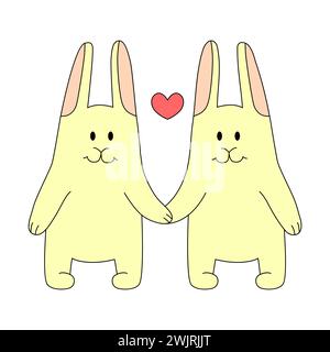 Due conigli che si tengono per mano. Illustrazione vettoriale per San Valentino o Pasqua Illustrazione Vettoriale
