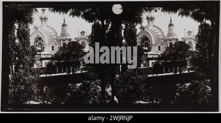 Mostra universale del 1900: Il portico angolare del 'Palais des Lettres, Sciences et Arts' al Champ de Mars, Parigi (7° arr.) Fotografia di Lucien Cresson. Vista stereoscopica: Gelatino-Silver-bar. 1900 Parigi, museo Carnavalet. 100510-22 anno 1900, esposizione universale, stereo, visione stereoscopica Foto Stock