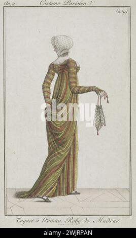 Journal of the Ladies and fashions ', an IX, costume parigino, piatto 259: Pointe con punti, abito Madras. Galliera, museo della moda della città di Parigi. 26001-13 Consolato, costume, retro, stampa, femminile, giovane donna, abito madras, toquet pointe Foto Stock